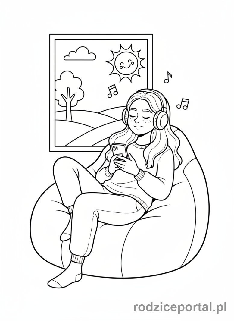 Kolorowanka Relaks Po Szkole - Nastolatka słuchająca muzyki na słuchawkach.