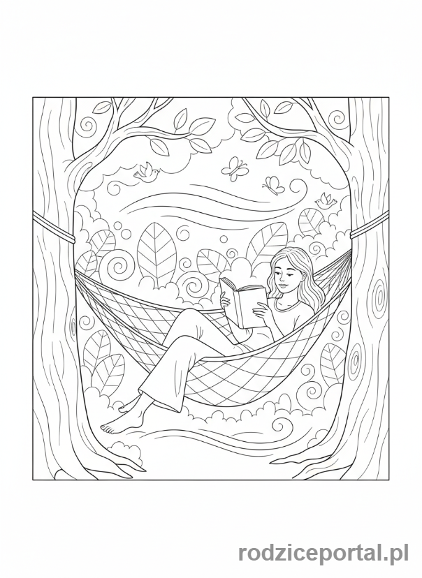 Kolorowanka Relaksacja - Czytanie książki w hamaku