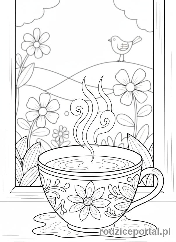 Kolorowanka Relaksacja - Filiżanka herbaty przy oknie