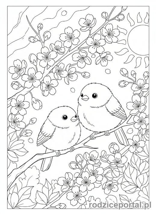 Kolorowanka Relaksacja - Ptaki na kwitnącej gałęzi