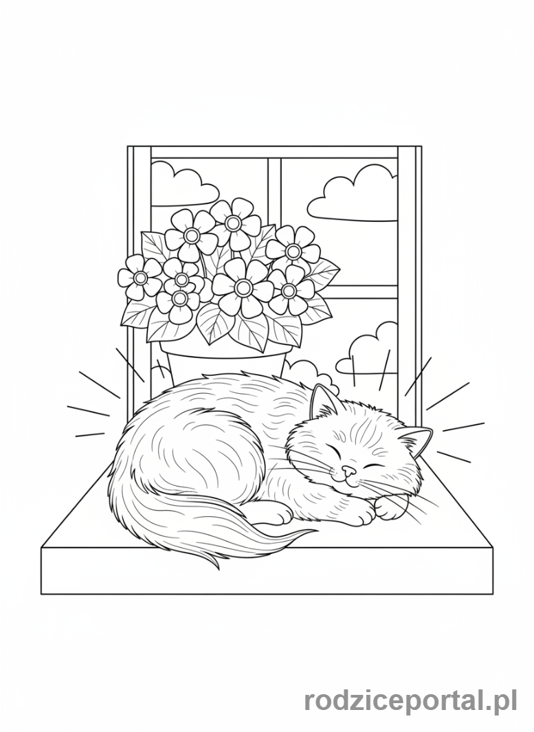 Kolorowanka Relaksacyjne Dla Dzieci - Kot na parapecie