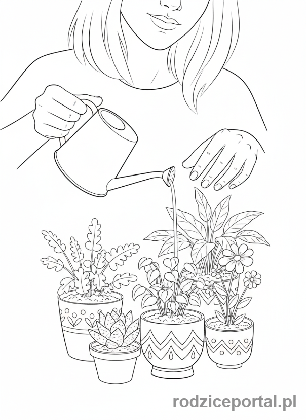 Kolorowanka Reset Emocjonalny - Osoba podlewa rośliny
