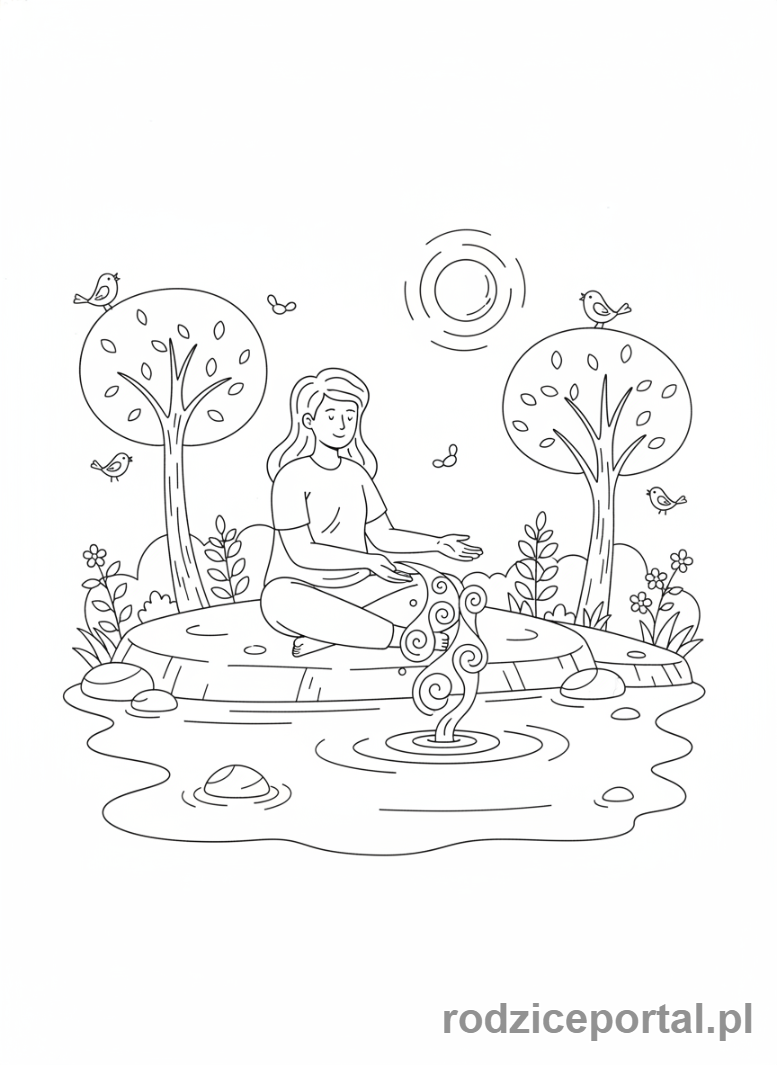 Kolorowanka Reset Emocjonalny - Postać nad jeziorem relaks
