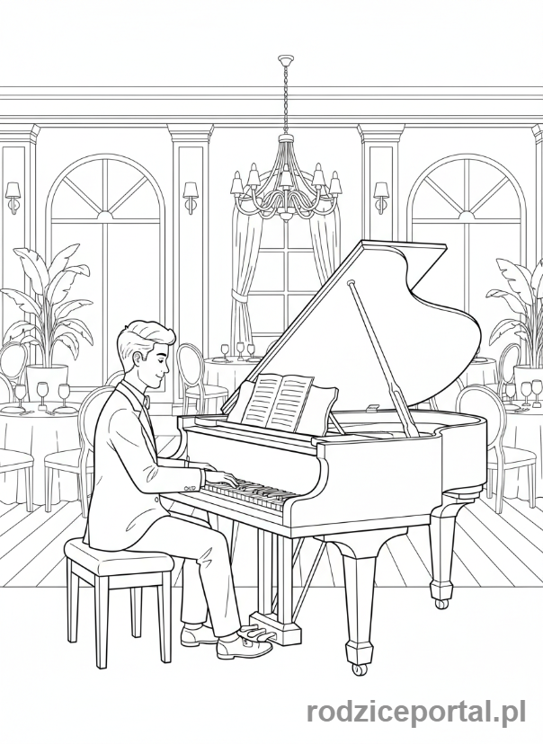 Kolorowanka Restauracja - Muzyk gra w restauracji