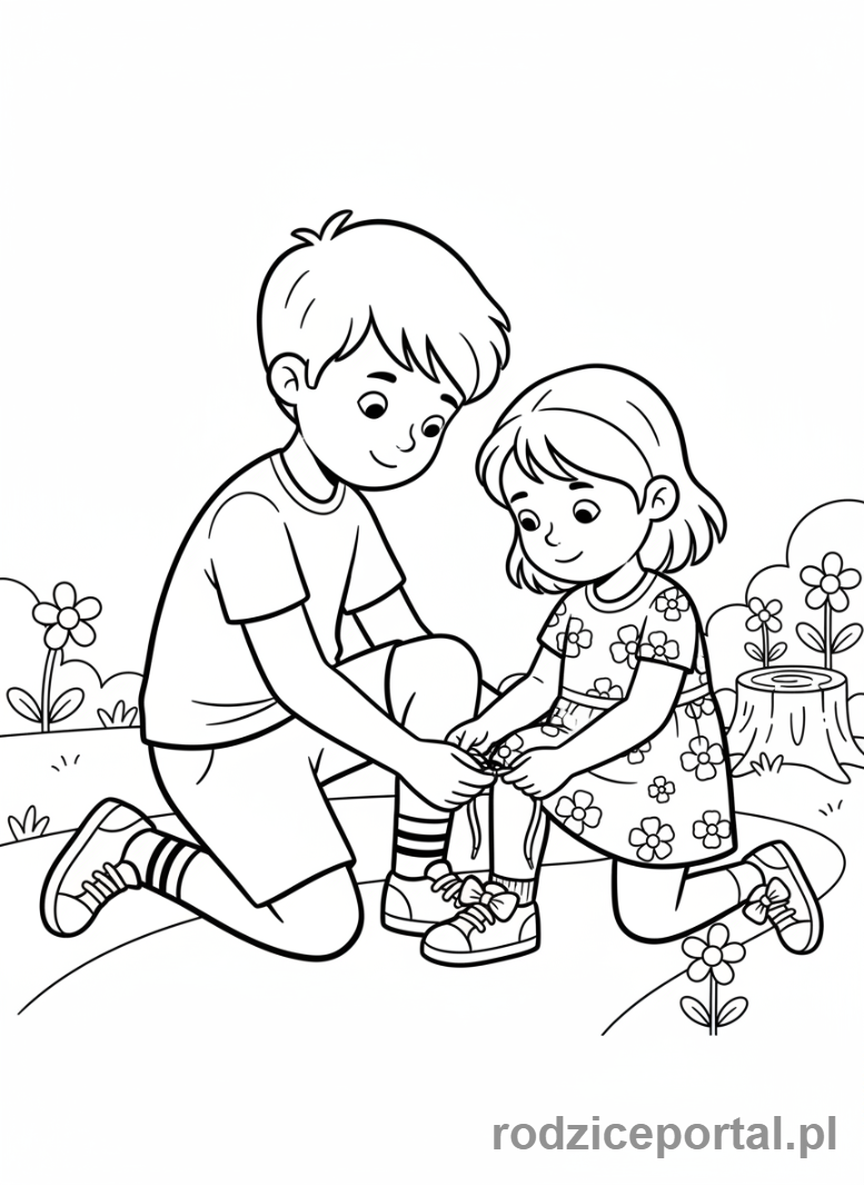 Kolorowanka Rodzeństwo - Brat pomaga siostrze