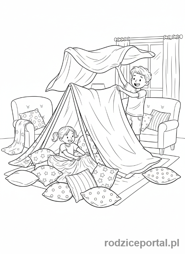 Kolorowanka Rodzeństwo - Budowanie bazy z kocy