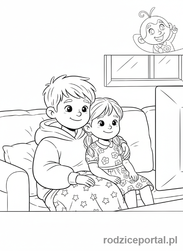 Kolorowanka Rodzeństwo - Dzieci oglądające bajkę