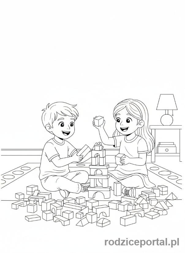 Kolorowanka Rodzeństwo - Rodzeństwo bawiące się klockami