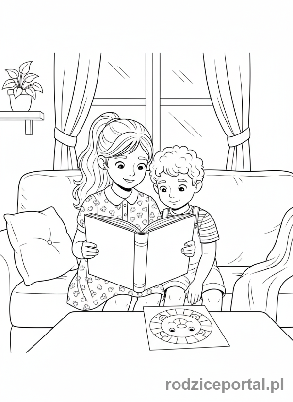 Kolorowanka Rodzeństwo - Rodzeństwo czytające książkę