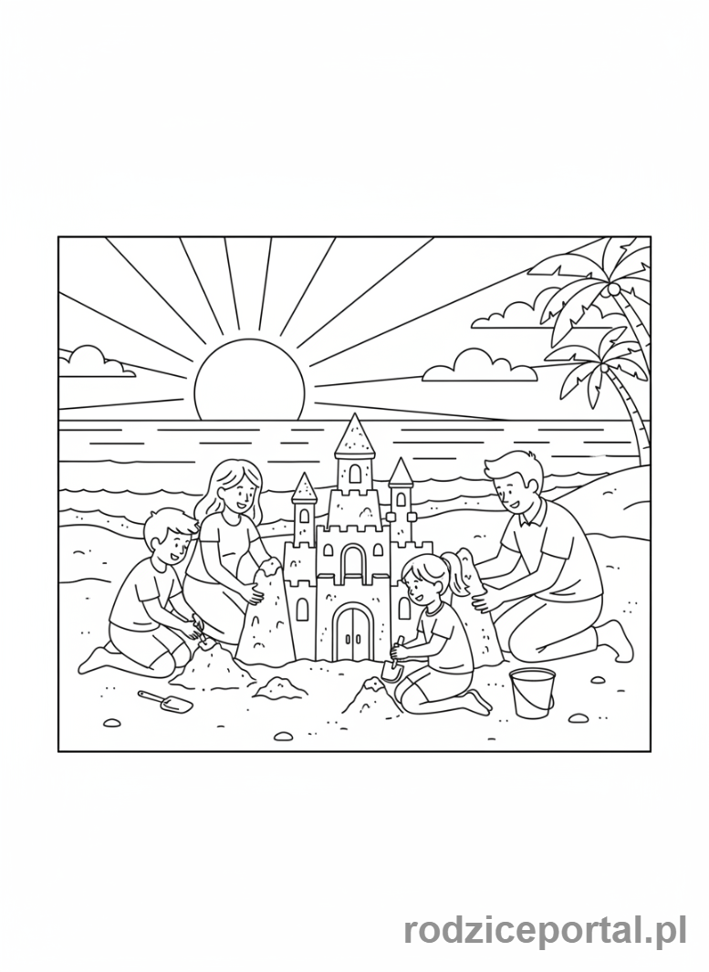 Kolorowanka Rodzina - Budowanie zamku z piasku