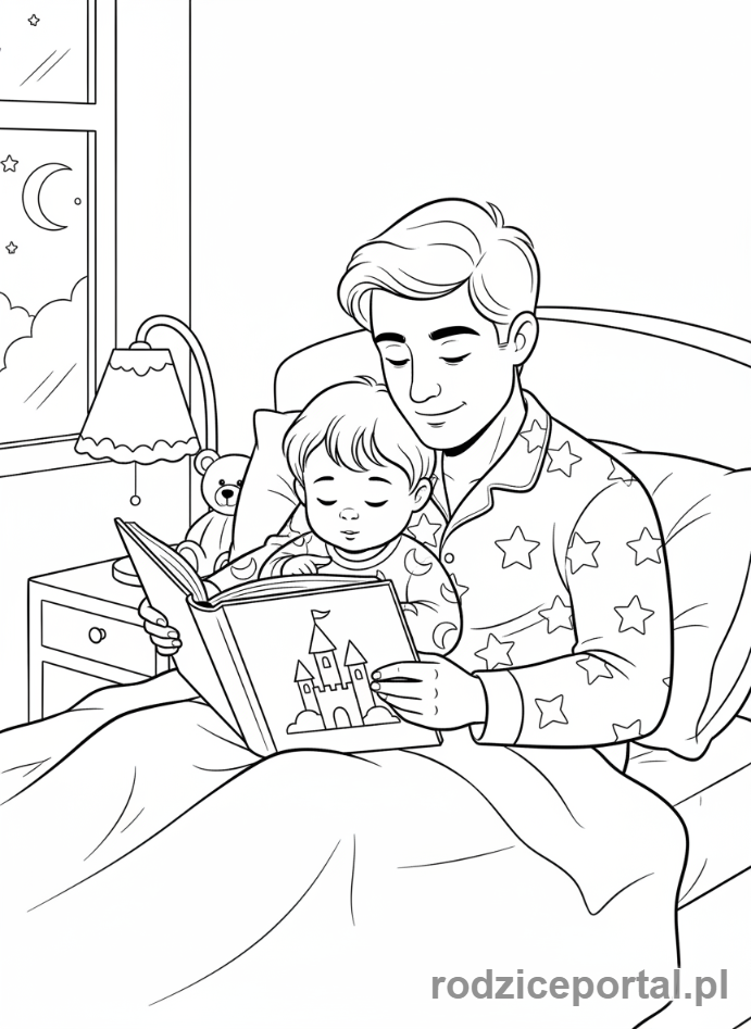 Kolorowanka Rodzina - Czytanie bajki na dobranoc