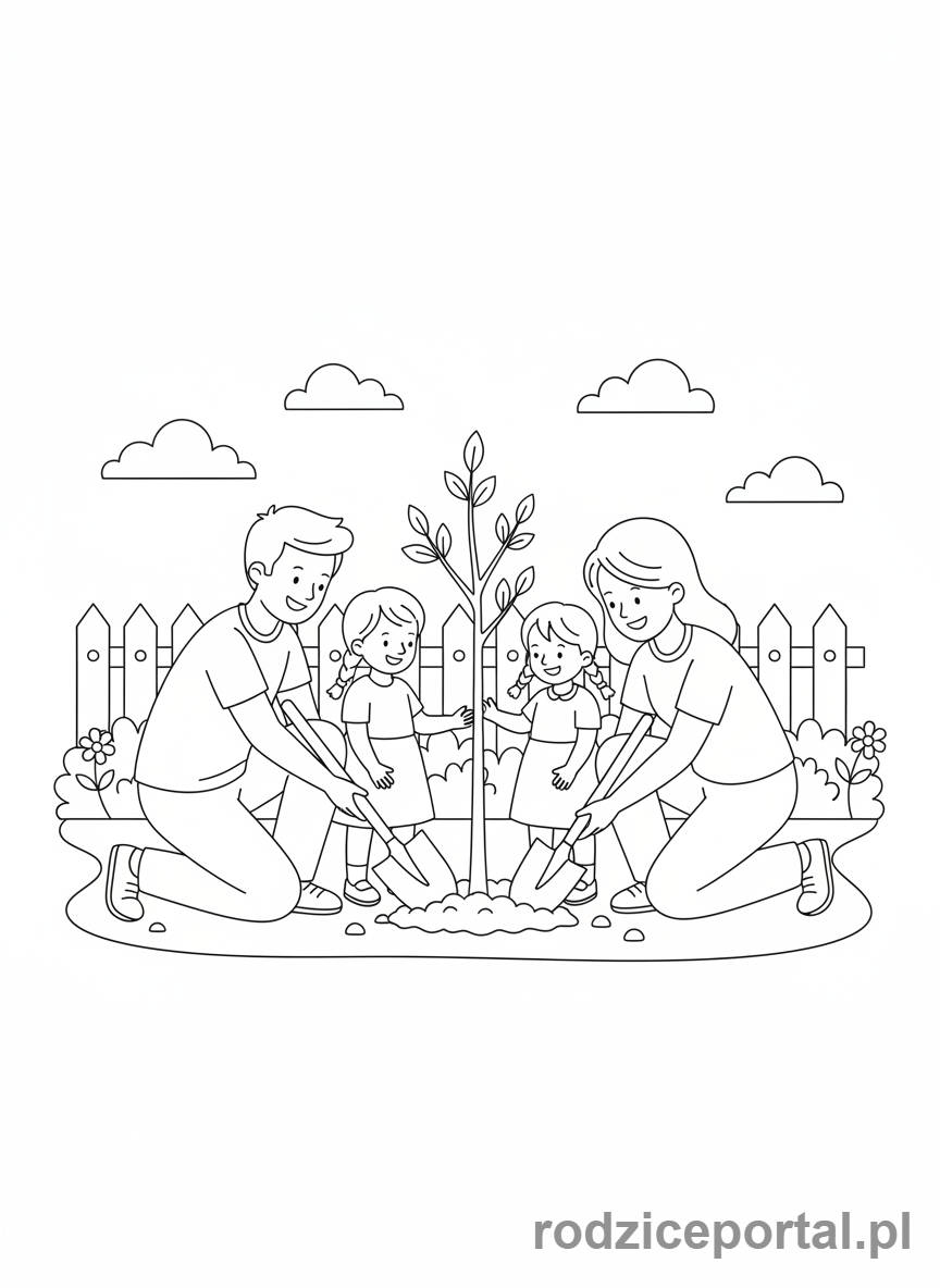 Kolorowanka Rodzina - Sadzenie drzewka