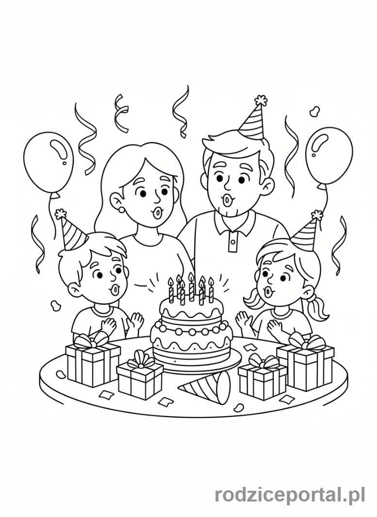 Kolorowanka Rodzina - Urodzinowa impreza rodzinna