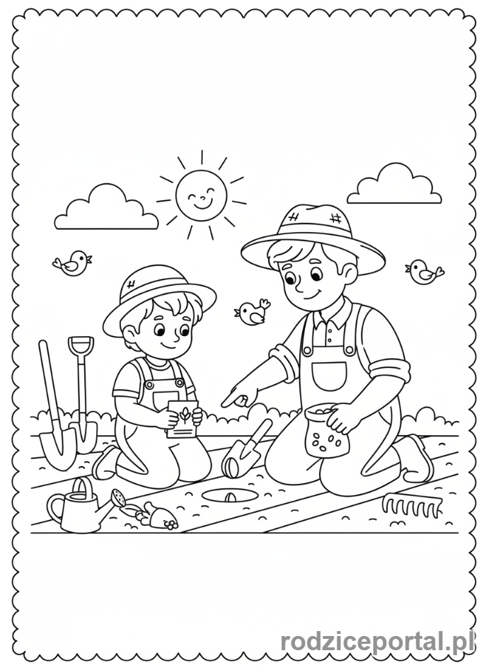 Kolorowanka Rolnik - Dziecko pomaga sadzic
