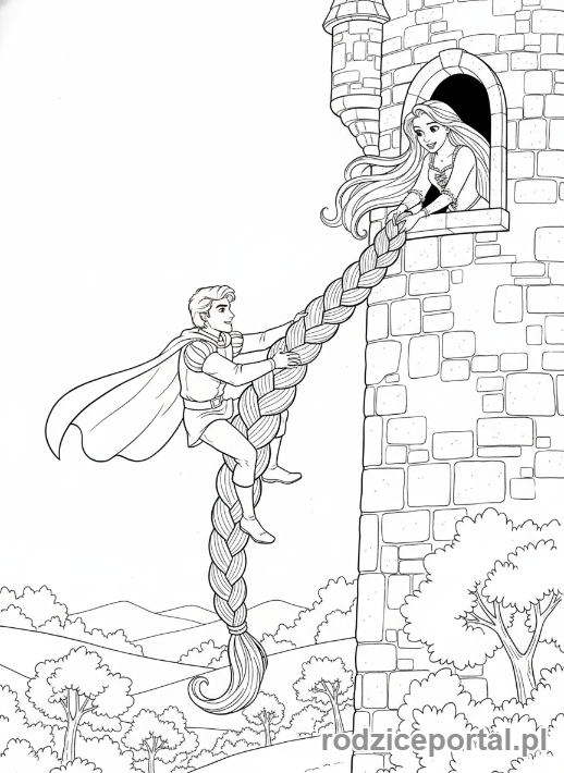 Kolorowanka Roszpunka - Książę wspinający się po włosach Roszpunki