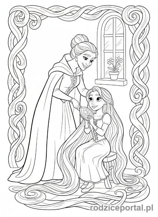 Kolorowanka Roszpunka - Matka Gothel czesząca włosy młodej Roszpunki