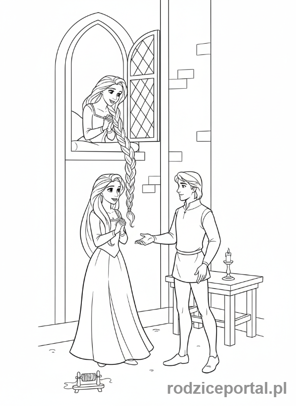 Kolorowanka Roszpunka - Roszpunka i Książę spotykający się po raz pierwszy