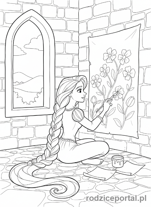 Kolorowanka Roszpunka - Roszpunka malująca mural na ścianie wieży