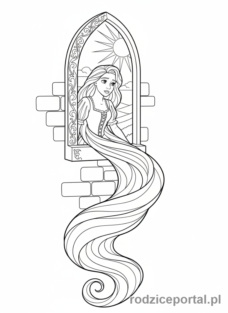 Kolorowanka Roszpunka - Roszpunka patrząca tęsknie przez okno wieży
