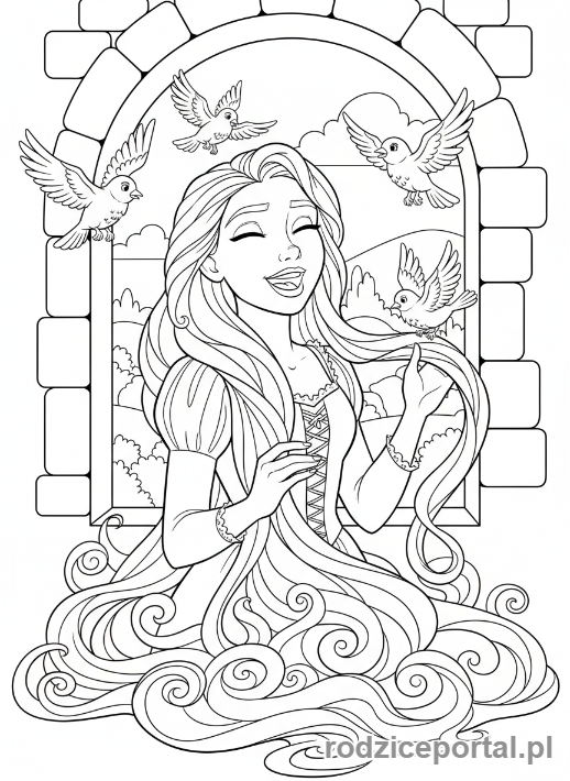 Kolorowanka Roszpunka - Roszpunka śpiewająca radośnie ptakom