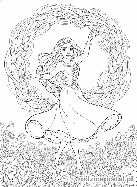 Kolorowanka Roszpunka - Roszpunka tańcząca radośnie na łące