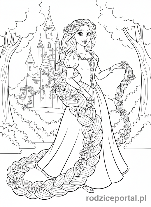 Kolorowanka Roszpunka - Roszpunka z długim, ozdobionym warkoczem