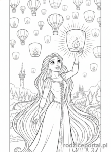 Kolorowanka Roszpunka - Roszpunka z latarnią, oglądająca latające lampiony