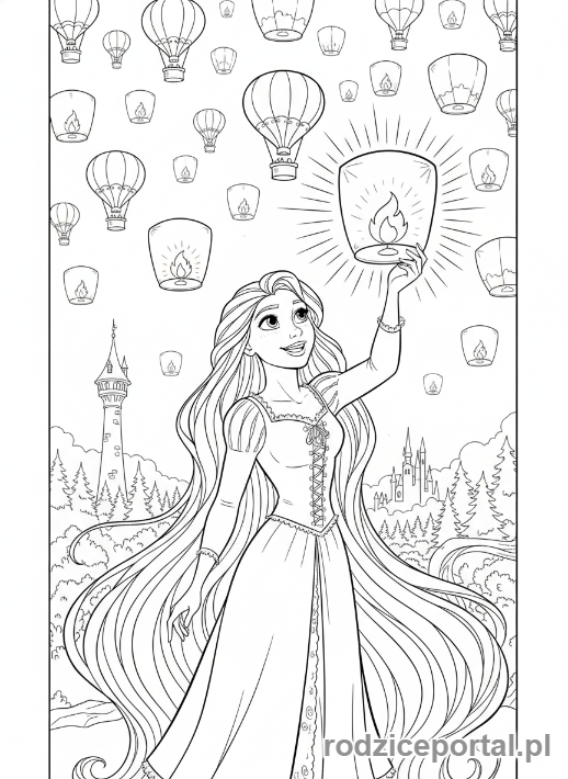 Kolorowanka Roszpunka - Roszpunka z latarnią, oglądająca latające lampiony