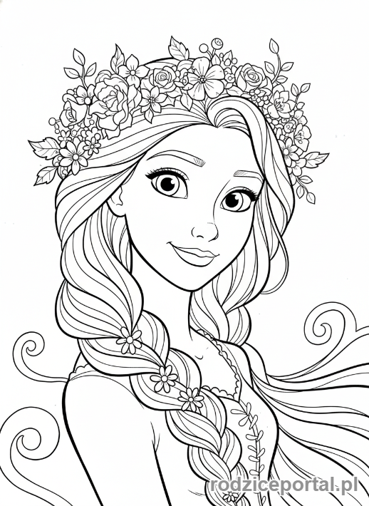 Kolorowanka Roszpunka - Roszpunka z piękną koroną z kwiatów