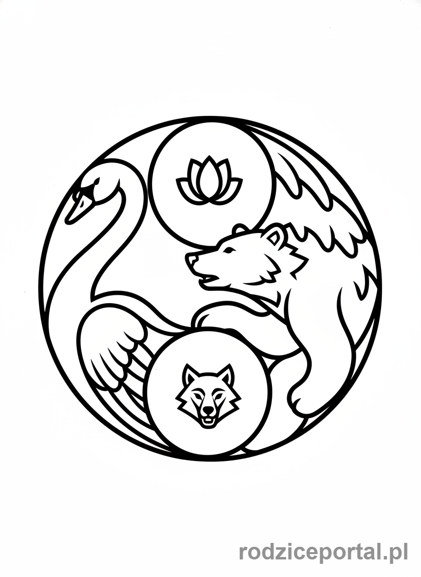 Kolorowanka Równowaga Emocji - Dwa zwierzęta tworzące symbol yin-yang.