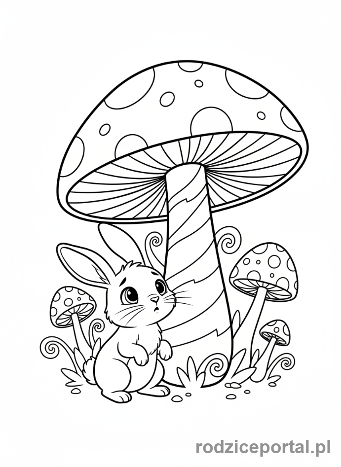 Kolorowanka Równowaga Emocji - Mały królik stojący przed dużym grzybem.