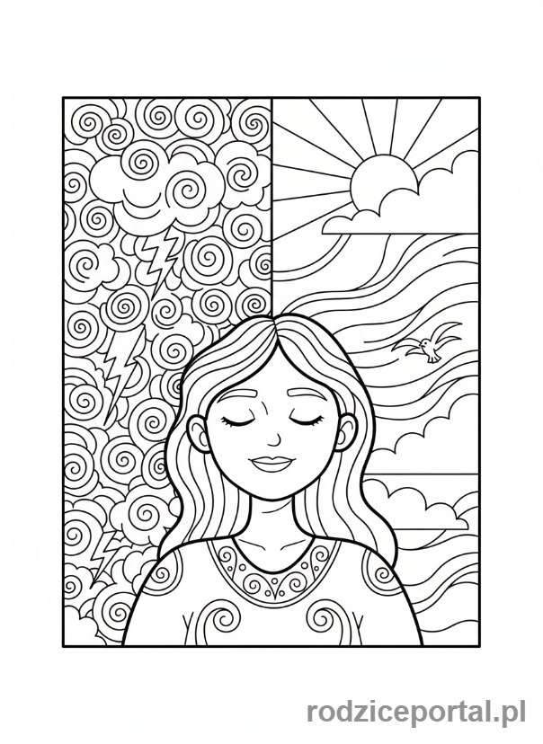 Kolorowanka Równowaga Emocji - Osoba oddychająca głęboko w dwóch krajobrazach.