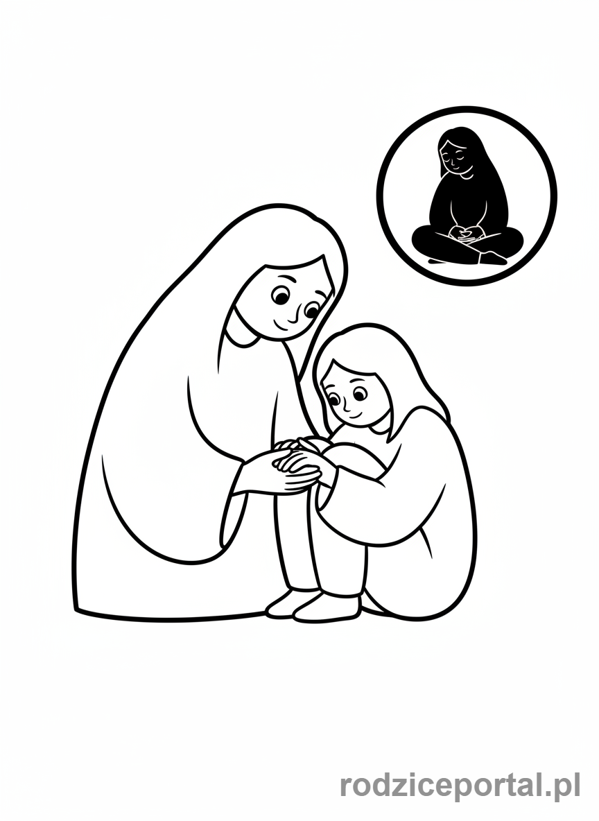 Kolorowanka Równowaga Emocji - Osoba pocieszająca inną, jednocześnie z chwilą dla siebie.