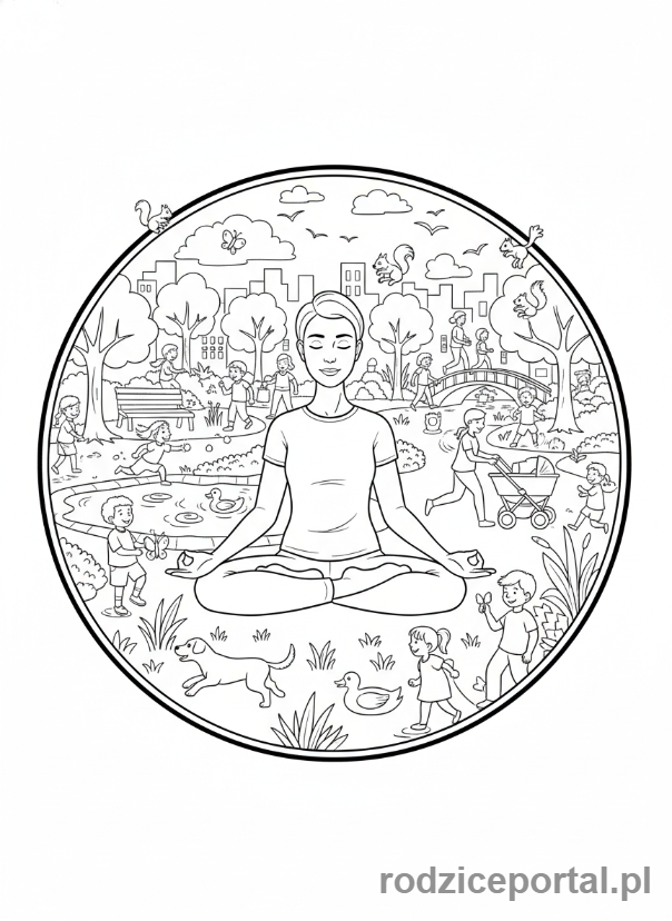 Kolorowanka Równowaga Emocji - Postać medytująca w ruchliwym parku.