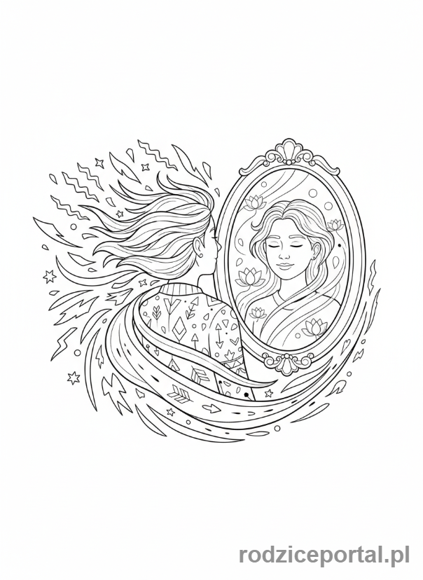 Kolorowanka Równowaga Emocji - Postać patrząca w lustro, odbijająca spokój i energię.