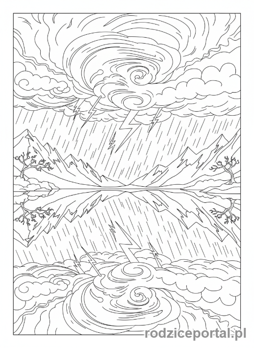 Kolorowanka Równowaga Emocji - Spokojne jezioro odbijające burzowe niebo.