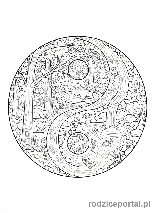 Kolorowanka Równowaga - Symbol Yin Yang z naturą.
