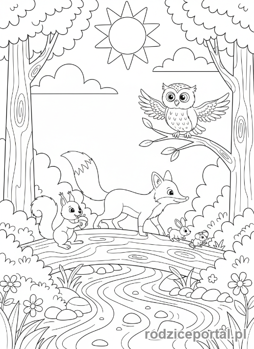 Kolorowanka Równowaga - Zwierzęta na kładce.