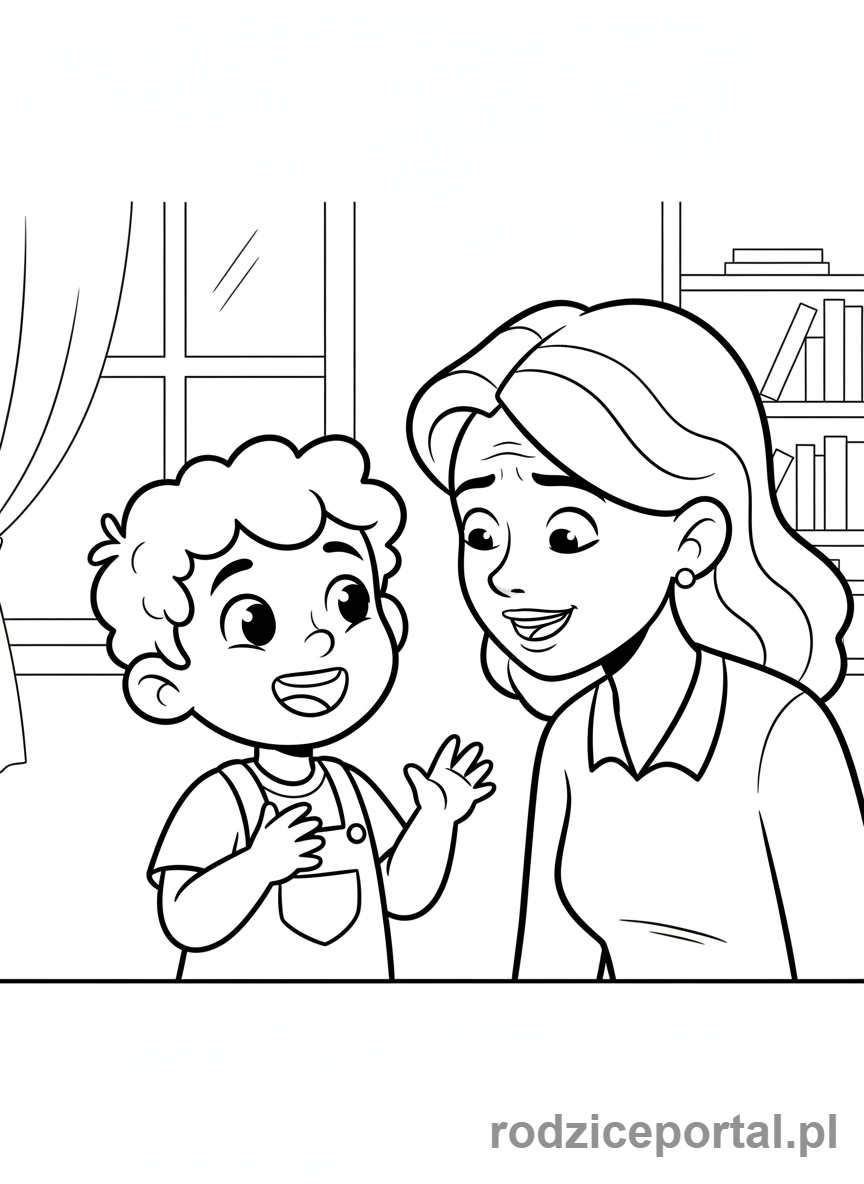 Kolorowanka Rozmowa O Emocjach - Dziecko radosne rozmawia z mama.