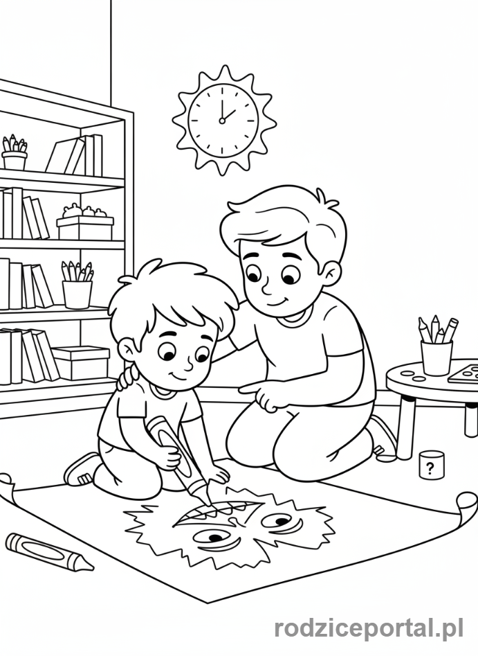 Kolorowanka Rozmowa O Emocjach - Dziecko rysuje zlosc, rodzic pyta.