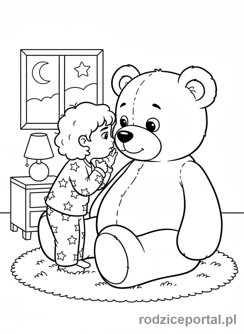 Kolorowanka Rozmowa O Emocjach - Dziecko zwierza sie pluszakowi.