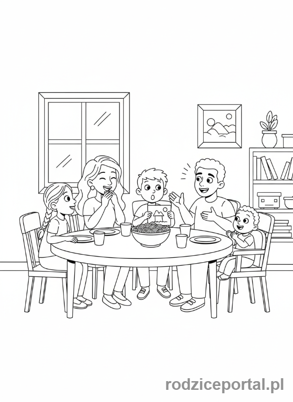 Kolorowanka Rozmowa O Emocjach - Rodzina dzieli sie uczuciami przy stole.