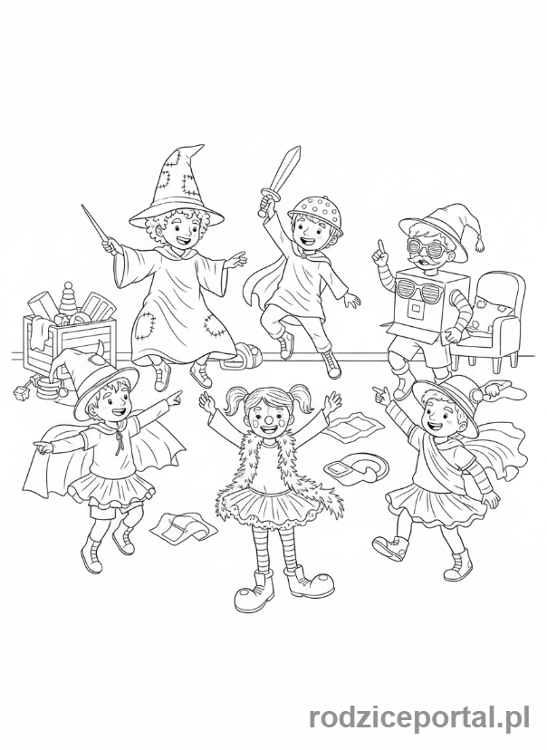 Kolorowanka Rozwijające Kreatywność - Dzieci bawią się w przebieranki