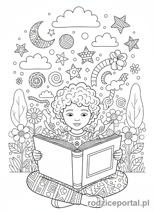 Kolorowanka Rozwijające Kreatywność - Dziecko czyta, wyobraźnia ucieka