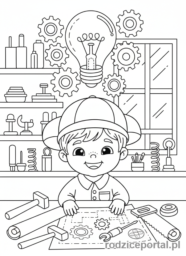Kolorowanka Rozwój Kreatywny - Dziecko wymyślające wynalazek