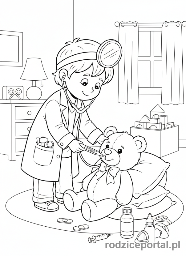 Kolorowanka Rozwój Poznawczy - Dziecko bawiące się w lekarza