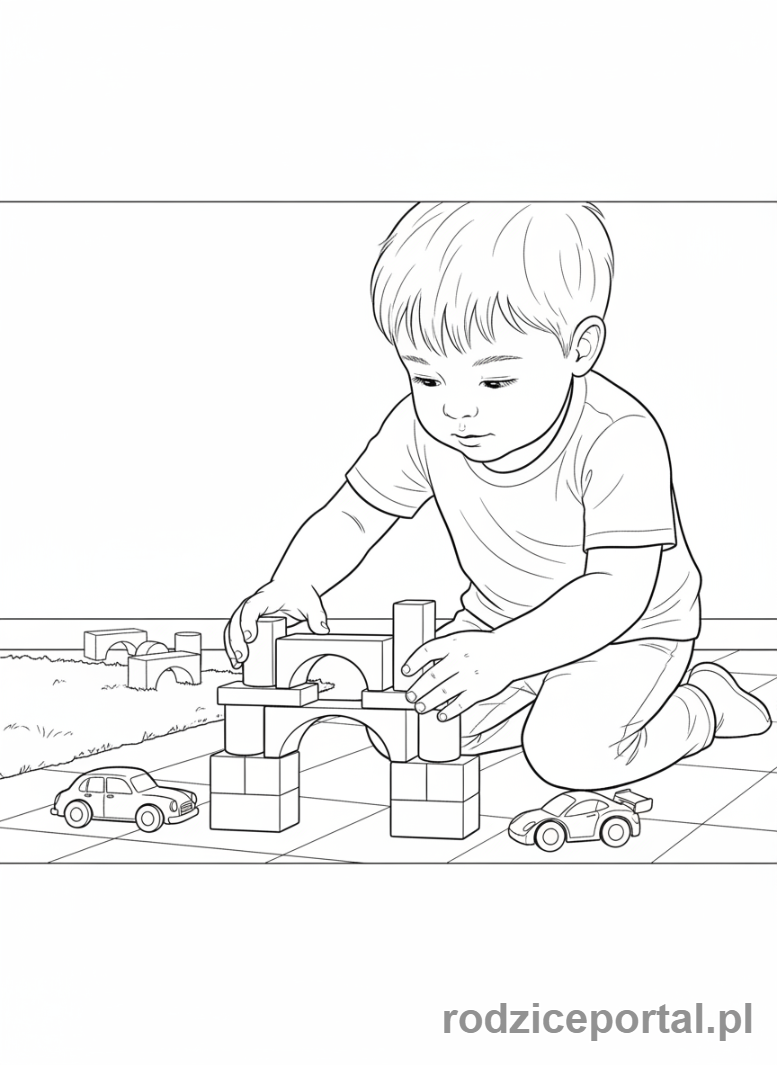 Kolorowanka Rozwój Poznawczy - Dziecko budujące mostek dla aut