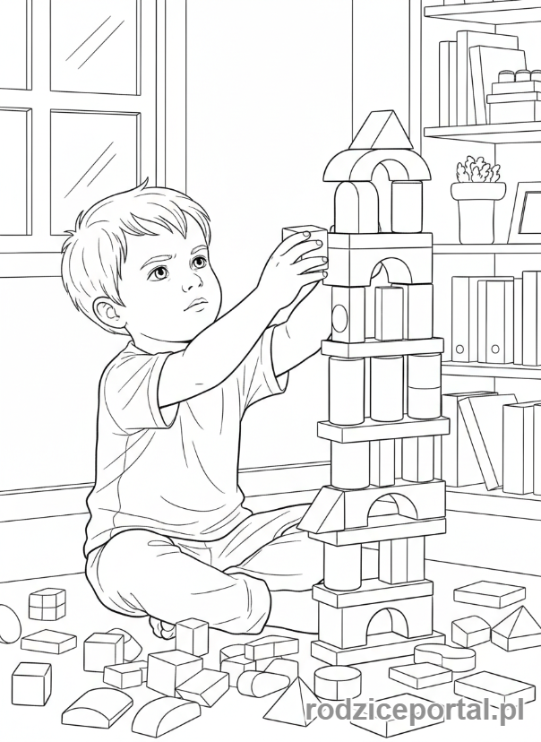 Kolorowanka Rozwój Poznawczy - Dziecko budujące wieżę z klocków