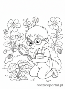 Kolorowanka Rozwój Poznawczy - Dziecko obserwujące liść lupą