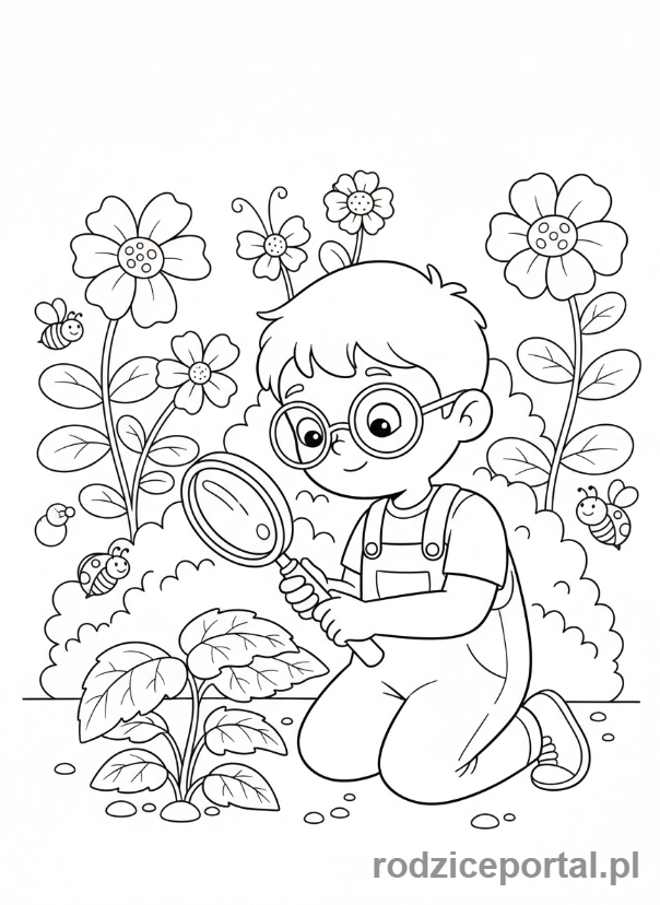 Kolorowanka Rozwój Poznawczy - Dziecko obserwujące liść lupą